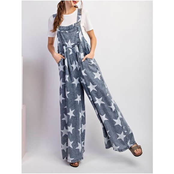 Mineral Wash Tencel Star Print Wide Leg Overalls - Picture 4 of 5
